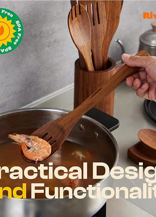 Riveira Teak Wooden Cooking Utensils Set of 9 Premium Quality Non-Toxic Wooden Spoons & Spatulas for Cooking, Stirring, Flipping & Serving