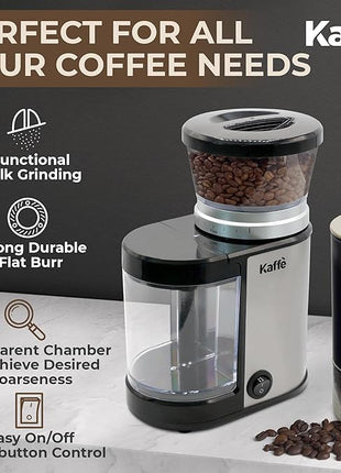 Kaffe Electric Burr Coffee Grinder (5.5oz) w/Adjustable Precise Coarseness Settings - Flat Burr - [Improved Motor] - Precision Coffee Bean Grinder for Home Use - Stainless Steel