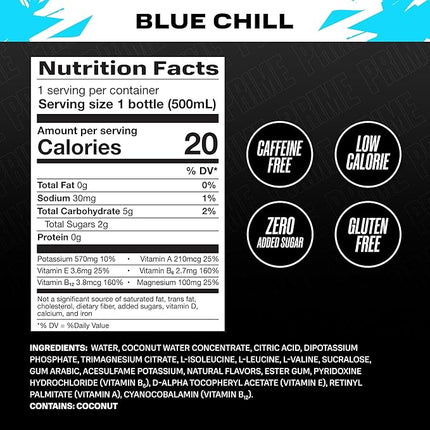 PRIME Hydration ICE BLUE CHILL, Sports Drinks, Electrolyte Enhanced for Ultimate Hydration, 250mg BCAAs, B Vitamins, Antioxidants, Low Sugar, 16.9 Fl Oz, 12 Pack
