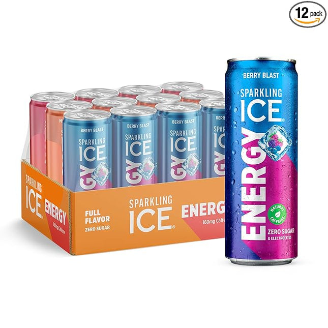 Sparkling Ice Energy Variety 12Pk. Energy Drinks with Vitamins + Antioxidants, Zero Sugar, Berry Blast, Maximum Mango, Power Punch flavors. 12 fl oz cans.