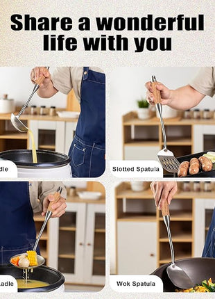 FJNATINH Wok Utensils - Wok Spatula Metal Set, 4-Pieces 14-15 Inch Extra Long, Wok Tools Professional Set, Wooden Handle Skimmer, Soup Ladle, Slotted Turner