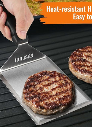 HULISEN Stainless Steel Spatula 2 pcs, 6 x 5 Inch Large Metal Spatula with Cutting Edges, Griddle Spatula for Smashed Burger, Essential Flat Top Grill Accessories, Grill Spatula for Outdoor Grill