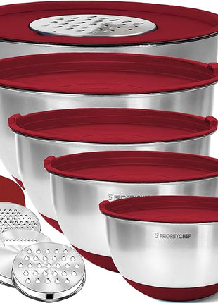 Priority Chef Stainless Steel Mixing Bowls with Lids Set, 3 Grater Attachments, Airtight Lids, Non-Slip Silicone Base Mixing Bowl Set, Large Prep Metal Mixing Bowls for Kitchen, Red
