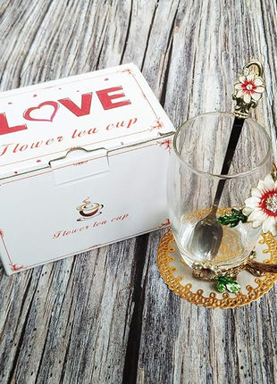 Enamel Sunflower Crystal Lead-Free Glass Tea Cup with Spoon Set, Present for The Christmas, Valentine's Day.Best Present for Mother, Grandma, Girlfriend, Sister.