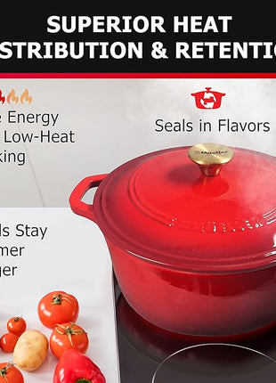 Mueller 6qt Enameled Cast Iron Dutch Oven, Heavy-Duty Casserole and Braiser Pan with Lid and Knob, Oven-Safe up to 500° F & Across All Cooktops, Red