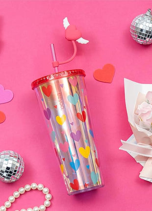 bzyoo 24 oz SIP Tumbler with Heart-Shaped w/Wing Straw Cap Cover – Cute Heart Design Iridescent Tumbler, BPA-Free Cup with Lid and Straw, Perfect for Iced Coffee, Tea, Party and Gift