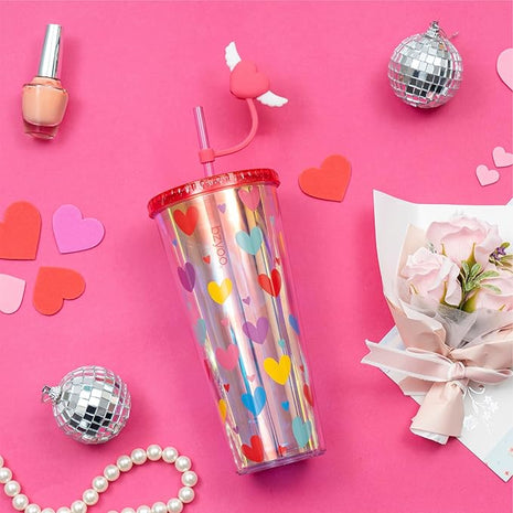 bzyoo 24 oz SIP Tumbler with Heart-Shaped w/Wing Straw Cap Cover – Cute Heart Design Iridescent Tumbler, BPA-Free Cup with Lid and Straw, Perfect for Iced Coffee, Tea, Party and Gift