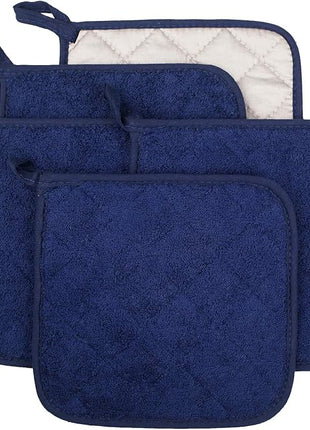 100% Cotton Kitchen Everyday Basic Terry Pot Holder Heat Resistant Coaster Potholder for Cooking and Baking Set of 5 Dark Blue