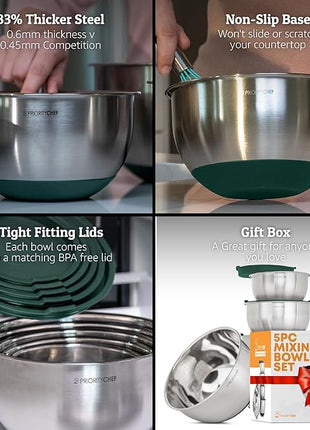 Priority Chef Premium Mixing Bowls With Airtight Lids Set, Thicker Stainless Steel Mixing Bowl Set, Large Prep Metal Bowls with Lids, Nesting Bowls for Kitchen, 1.5/2/3/4/5 Qrt, Green