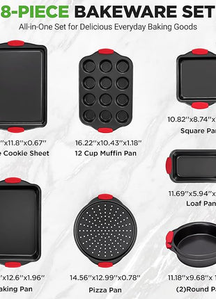 NutriChef Non-Stick Kitchen Oven Baking Pans-Deluxe & Stylish Nonstick Gray Coating Inside Outside, Commercial Grade Restaurant Quality Metal Bakeware with Red Silicone Handles NCSBS8S, 8 Piece Set