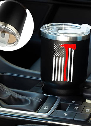 JENVIO Firefighter Gifts for Men | Stainless Steel Travel Tumbler/Mug with Two Lids and Gift Box | Thin Red Line Flag Design for Fireman Gift | Christmas Department | First Responder