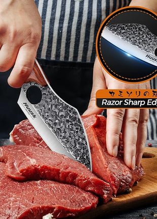 Huusk Hand Forged Meat Cleaver - Butcher Knife for Meat Cutting, Japanese Kitchen Viking Knife with Sheath, Cooking Knives for Kitchen and Outdoor Camping, Thanksgiving Christmas Gifts