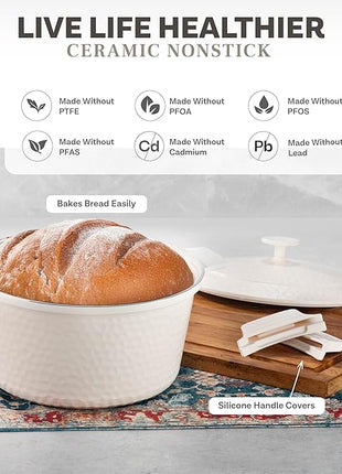 Gotham Steel Hammered 5 Qt Lightweight Dutch Oven Pot with Lid & Holders, Ceramic Non Toxic, Oven Safe & Even Heat Retaining Dutch Oven for Bread Baking Sourdough, Soup, 70% Lighter than Cast Iron