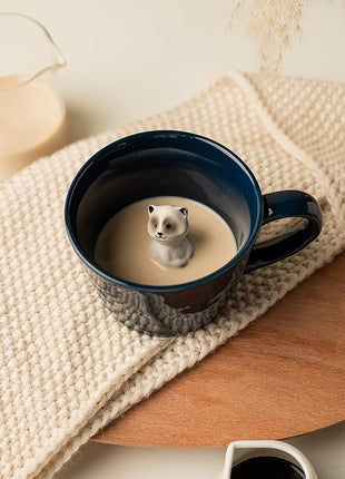 DIHOclub Racoon Ceramic Cup Hidden 3D Animal Inside Mug,Cute Cartoon Handmade Figurine Mugs,Holiday and Birthday Gift for Coffee Milk Tea Lovers,12 OZ(Dark Blue)