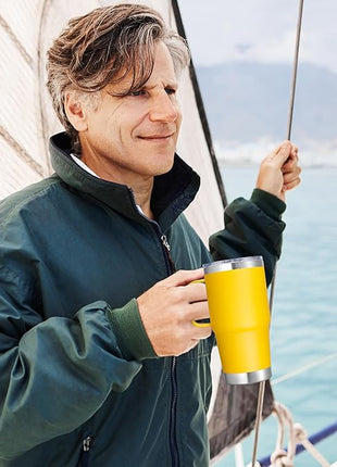 20 oz Stainless Steel Tumbler with Handle Bulk Metal Insulated Tumblers Travel Coffee Mug with Handle Double Wall Tumbler Cup with Lid and Straw, Yellow 6 Pack