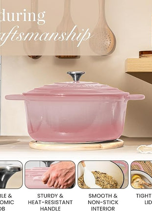 Nuovva Enamelled Cast Iron Dutch Oven Pot with Lid 6.4 Quart Non Stick Casserole Pot – Heavy Duty & Oven Safe up to 500° F for Bread Baking, Braising, Stews, Roasting – 28cm Pink