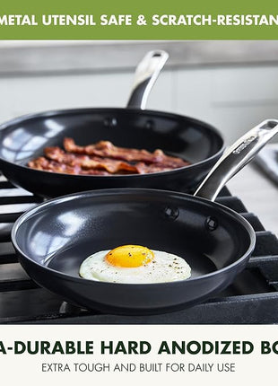 GreenPan Chatham Prime Midnight 8" and 10" Frying Pan Set, Hard Anodized Ceramic Nonstick, PFAS-Free, Dishwasher Safe, Oven Safe, Healthy Cooking Skillet for Eggs and Omelets, Black