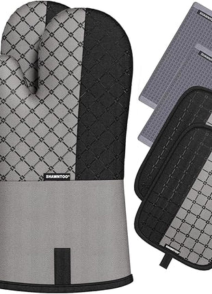 Oven Mitts and Pot Holders Sets 6pcs, Kitchen Oven Glove,High Heat Resistant 550 Degree Extra Long Oven Mitts and Potholders with Non-Slip Silicone Surface for Home Essentials (Grey) (Gray 2)