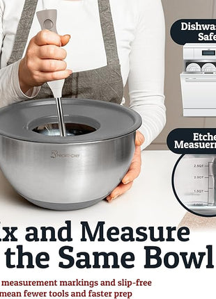 Priority Chef Stainless Steel Mixing Bowls with Lids Set, Metal Nesting Bowls with Airtight Lids, Graters, Non-Slip Base & Measurement Marks, Includes Utensil Set for Prep, Baking & Storage, Grey