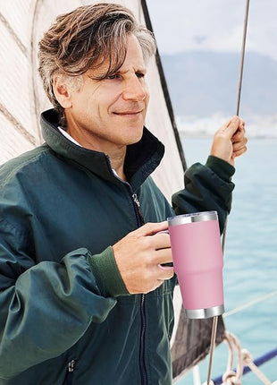 20 oz Stainless Steel Tumbler with Handle Bulk Metal Insulated Tumblers Travel Coffee Mug with Handle Double Wall Tumbler Cup with Lid and Straw, Pink 12 Pack