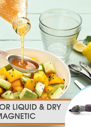 Spring Chef Purple Stainless Steel Magnetic Measuring Spoons Set of 8 with Leveler, Dual Sided Metal Teaspoon & Tablespoon Measuring Spoons, Kitchen Gadgets for Baking & Cooking, Fits in Spice Jars