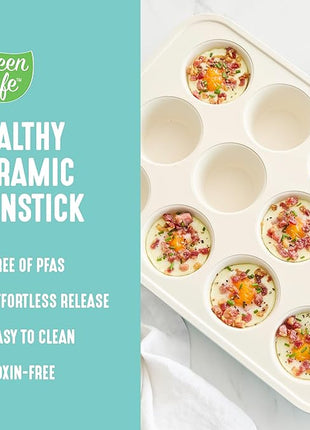 GreenLife 12-Cup Muffin Pan, PFAS-Free Healthy Nonstick Baking Tray, 11.4" x 1.9" x 15.9", Durable Ceramic Bakeware, Cupcakes, Egg Bites, Tarts, Brownies, Turquoise