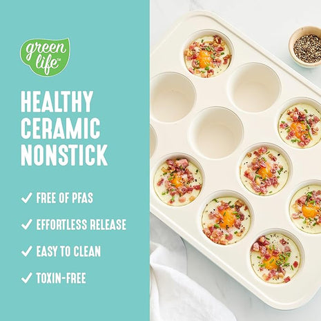 GreenLife 12-Cup Muffin Pan, PFAS-Free Healthy Nonstick Baking Tray, 11.4" x 1.9" x 15.9", Durable Ceramic Bakeware, Cupcakes, Egg Bites, Tarts, Brownies, Turquoise