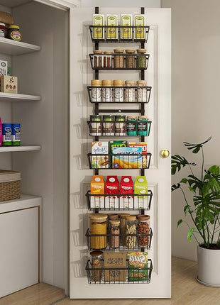 12 Inch Wide Narrow Over The Door Pantry Organizer, Pantry Organization and Storage, Black 8-Tier Metal Hanging Deep Basket Wall Spice Rack Seasoning Shelves, Home & Kitchen Essentials