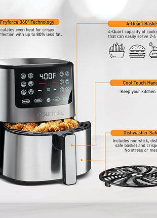 Gourmia 4-Qt Digital Air Fryer with Guided Cooking, Easy Clean, Stainless Steel