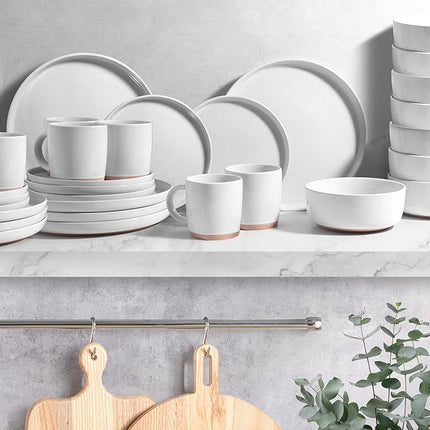Zulay Kitchen Terra Stoneware 32-Piece Dinnerware Set, Artisanal Ceramic Plates and Bowls Set Crafted at 2300℉ - Service for 8, Speckled White