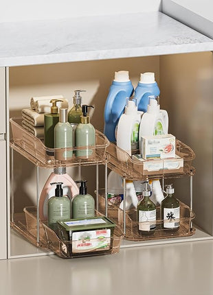 Delamu 2-Tier Under Sink Organizers and Storage, Multi-Purpose Stackable Bathroom Cabinet Organizers, Pull Out Kitchen Pantry Organization and Storage with Dividers(2 Pack, Amber)