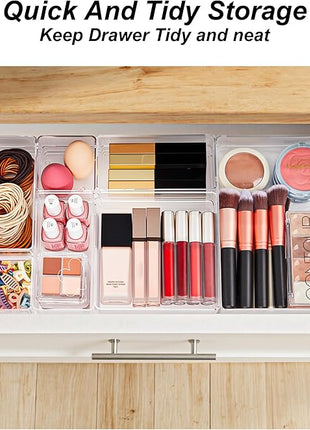 SMARTAKE 7-Piece Drawer Organizer with Non-Slip Silicone Pads, 4-Size Desk Drawer Organizer Trays Storage Tray for Makeup, Jewelries, Utensils in Bedroom Dresser, Office and Kitchen (Clear)