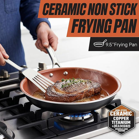 Gotham Steel 9.5 Inch Copper Non Stick Frying Pans, Ceramic Non Toxic Frying Pans Nonstick Skillet Made Without PFOA PFOS, Lightweight, Stay Cool Handle, Oven and Dishwasher Safe