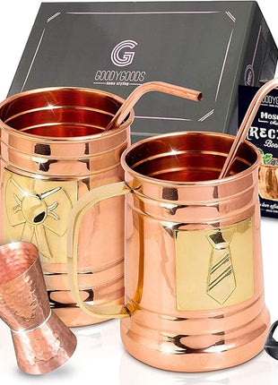 G GOODYGOODS Moscow Mule Copper Mugs: Make Any Drink Taste Better! 100% Pure Solid Copper His & Hers Gift Set - 2 Hammered 18 OZ Cups, 2 Unique Straws, Jigger & Recipe Booklet