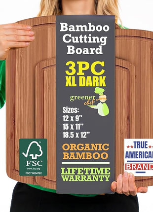 Organic Bamboo Cutting Boards for Kitchen Set of 3 with Lifetime Replacements- Non Toxic Wood Chopping Board for Charcuterie, Meat, Vegetables and Fruits - Ideal Kitchen Gifts for Home Chefs