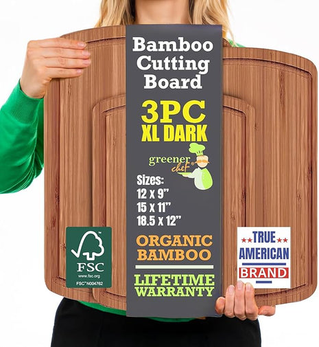 Organic Bamboo Cutting Boards for Kitchen Set of 3 with Lifetime Replacements- Non Toxic Wood Chopping Board for Charcuterie, Meat, Vegetables and Fruits - Ideal Kitchen Gifts for Home Chefs