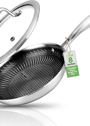 NutriChef 8" Stainless Steel Frying Pan - Triply Kitchenware Stir Fry Pan Kitchen Cookware w/DAKIN Etching Non-Stick Coating, Scratch-resistant Raised-up Honeycomb Fire Textured Pattern - NC3PL8
