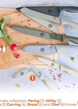 MasterChef Kitchen Knife Set with Covers, 6 Professional Chef Knives for Home Kitchens, Extra Sharp Cutting Stainless Steel Blades & Protective Sheaths, Soft-Touch Easy-Grip Handles, Earth Greys