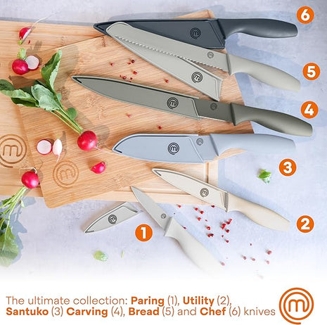 MasterChef Kitchen Knife Set with Covers, 6 Professional Chef Knives for Home Kitchens, Extra Sharp Cutting Stainless Steel Blades & Protective Sheaths, Soft-Touch Easy-Grip Handles, Earth Greys