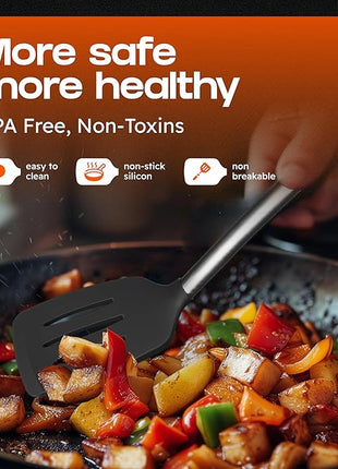 Silicone Spatula Set - Turner Spatulas Silicone Heat Resistant 600°F - Slotted & Solid Spatula for Cooking Fish, Eggs, Pancakes Flipper – Spatulas for kitchen use – Black