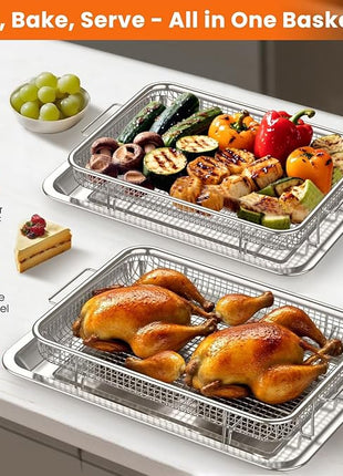 Air Fryer Basket for Oven, 2 Set Stainless Steel Pan & Crisper Tray (15"x11" &12.8"x9.7") with 60 Parchment Papers, Family-Size Non-Stick Oven Basket for Baking Chicken, Fries, Dishwasher Safe