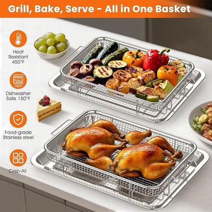 Air Fryer Basket for Oven, 2 Set Stainless Steel Pan & Crisper Tray (15"x11" &12.8"x9.7") with 60 Parchment Papers, Family-Size Non-Stick Oven Basket for Baking Chicken, Fries, Dishwasher Safe
