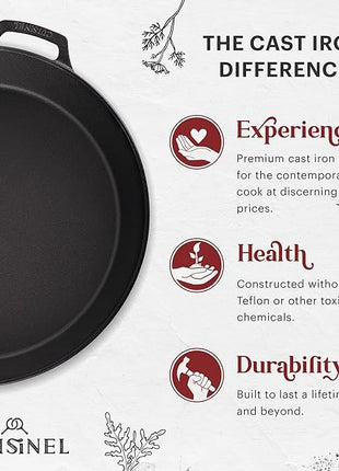 Cuisinel Cast Iron Skillet + Glass Lid + Red Chainmail Scrubber - 15"-Inch Dual Handle Braiser Frying Pan + Silicone Handle Covers - Pre-Seasoned Oven, Grill, Stovetop, Fire Cookware - Indoor/Outdoor