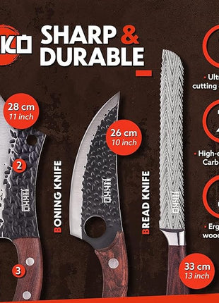 Jikko New Reinforced Carbon Steel Japanese Kitchen Knife Set – DiamondRazor Series – Ultra Sharp Japanese Knife Set & Chef Knife Set with Mahogany Wood Handles – Professional Chef's Knives