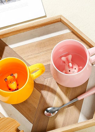 BigNoseDeer Kawaii Fox Mug Cute Mugs with 3D Fox Inside Ceramic Coffee Mug with Lid and Spoon Cute Stuff Birthday Gifts Cute Gifts For Women 13.5oz