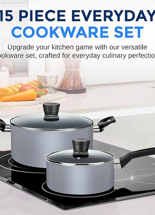 SereneLife Kitchenware Pots & Pans Basic Kitchen Cookware, Black Non-Stick Coating Inside, Heat Resistang Lacquer (11 Piece set), One Size, Gray