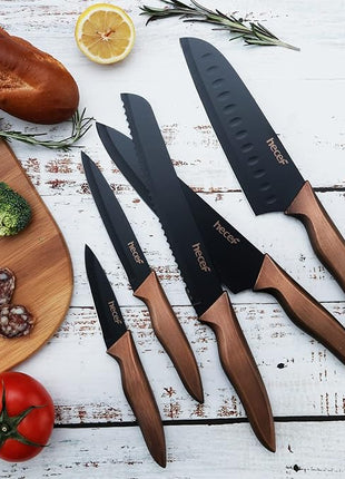 hecef Vintage Kitchen Knife Set, Stainless Steel Non-stick Black Coated Knives with Extra Sheaths, Includes Chef, Bread, Santoku, Utility and Paring Knife