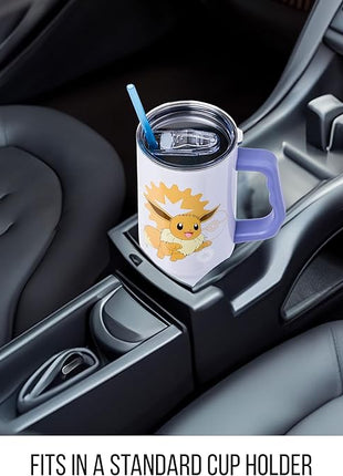 Silver Buffalo Pokémon Stainless Steel Tumbler with Handle Featuring Eevee, Fits in Standard Cup Holder, 40 Ounces