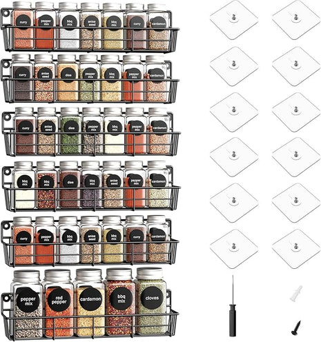 Spice Rack wall mounted 6 Pack, Space-Saving Spice Organizer for Spice Jars and Seasonings,Screw or Adhesive Hanging Spice Rack Organizer for Your Kitchen Cabinet,or Pantry Door