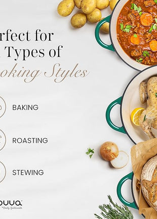 Nuovva Enamelled Cast Iron Dutch Oven Pot with Lid – 6.4 Quart Non Stick Casserole Pot – Heavy Duty & Oven Safe up to 500° F for Bread Baking, Braising, Stews, Roasting – 28cm Dark Green